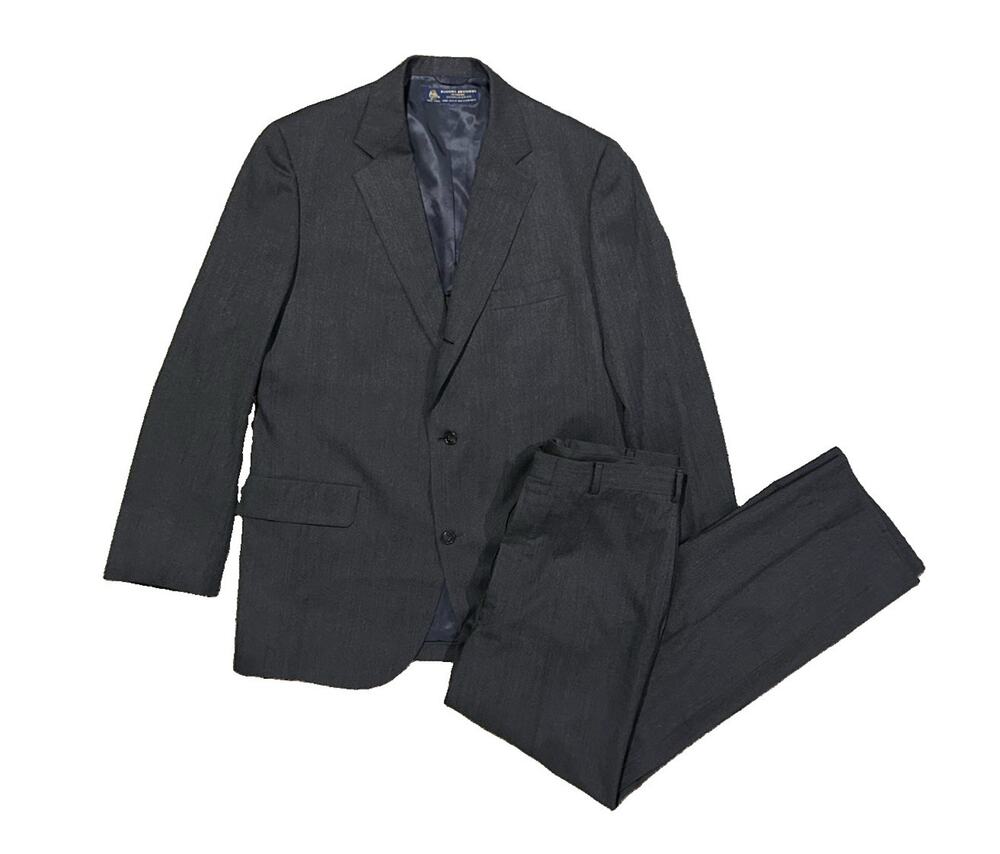 VTG Brooks Brothers Makers 100% Wool Suit Set Gray Herringbone USA 43L / 35x31